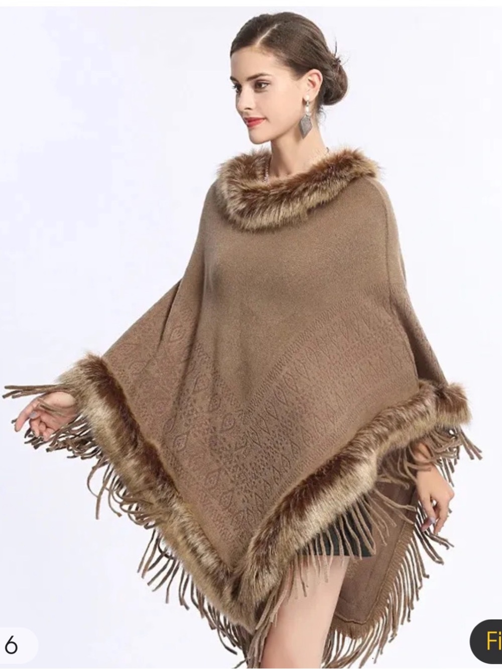 Faux-Fur Trim Tan Fringe Poncho Sweater